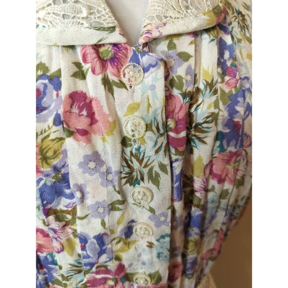 Vintage Karin Stevens Floral Button Up Midi Dress Lace Collar - Picture 7 of 15